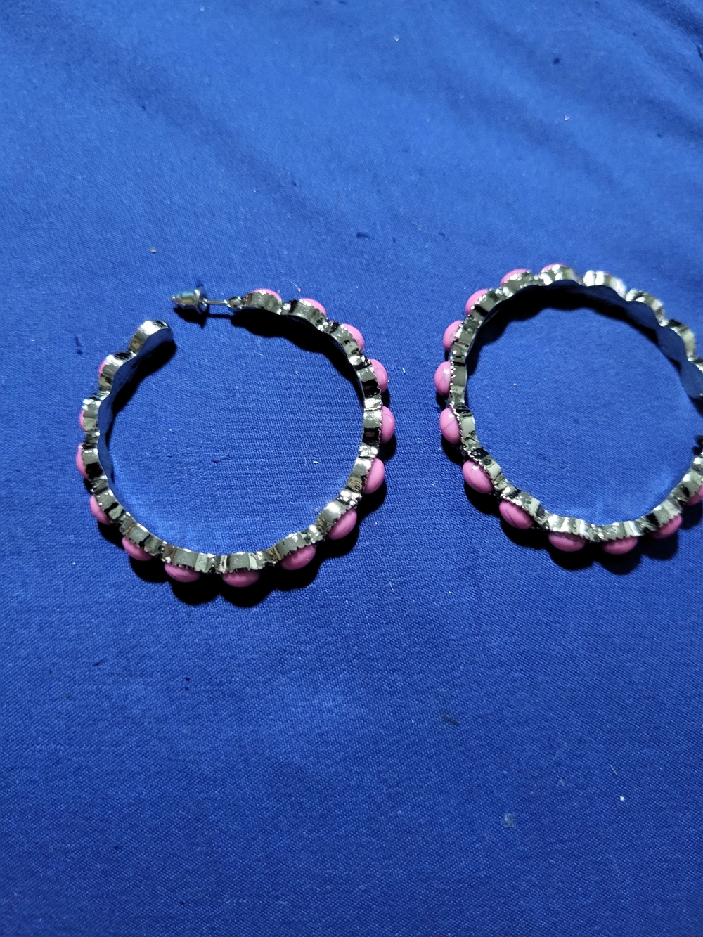 Pink Bead-Accented Silver Hoop Earrings - Women Jewelry